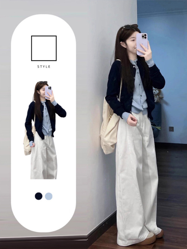 蓝色假两件针织衫女2025新款早秋韩系穿搭学院小香风减龄开衫上衣