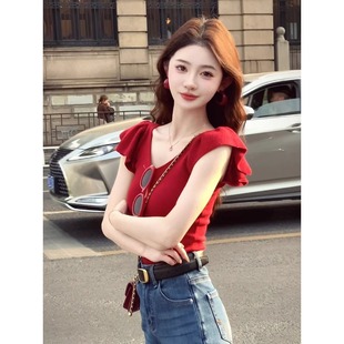 上衣 红色V领正肩冰丝针织短袖 T恤女夏季 超好看独特漂亮修身 小飞袖