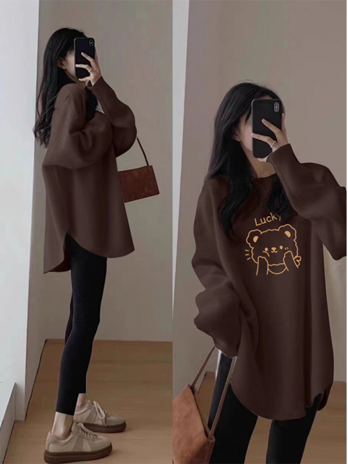 咖色德绒打底衫女秋季新款中长款遮屁股大码加绒搭配鲨鱼裤的上衣