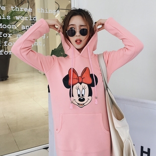 秋冬新款女装时尚卡通加绒加厚印花卫衣连衣裙超长卫衣裙长款过膝