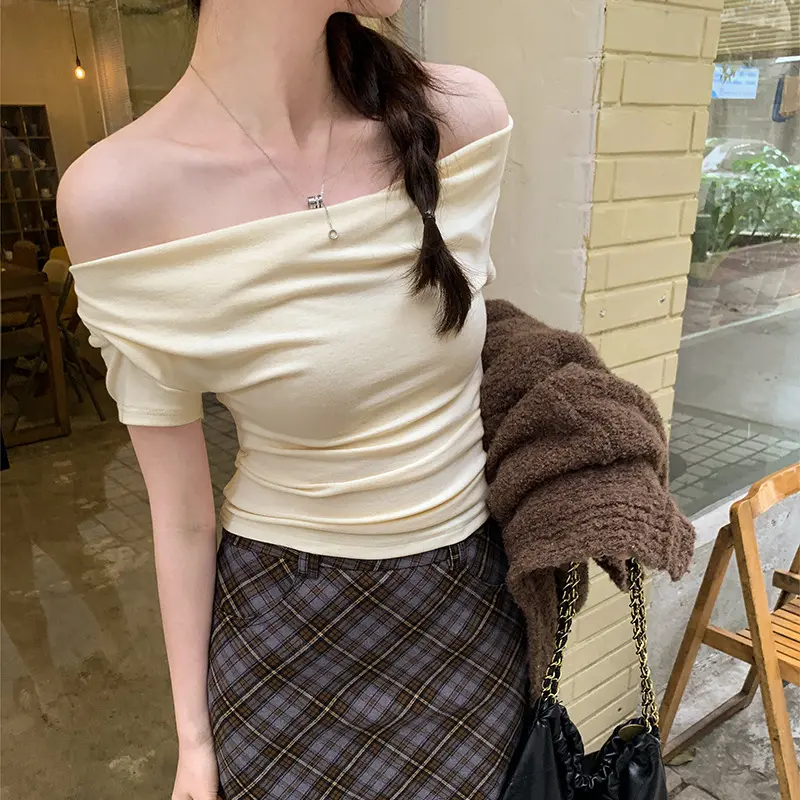 个性设计感荡领一字肩短袖T恤女夏季修身辣妹修身露肩短款上衣潮t