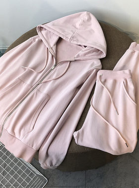 个性班服卫衣女春秋薄新款拉链连帽衫两件宽松运动休闲套装束脚裤