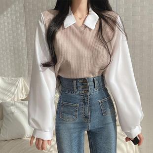 胖mm假两件T恤女拼接POLO领长袖 2024大码 卫衣螺纹宽松百搭上衣