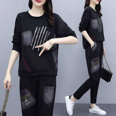 个性时尚潮流新款大码宽松休闲印花套装女韩版休闲运动服两件套美