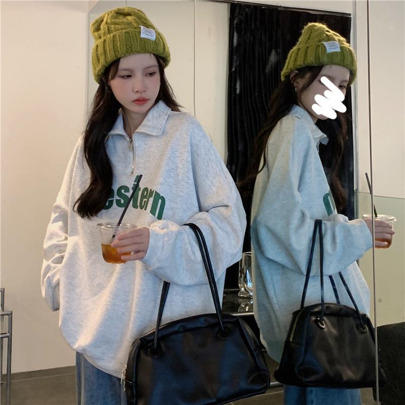 个性棉质拉链无帽翻领薄款卫衣女早秋新款宽松百搭长袖上衣服外套