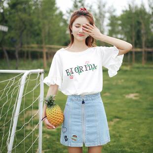 个性时尚潮流刺绣夏季新款韩版女装喇叭袖短袖T恤女士学生上衣潮t