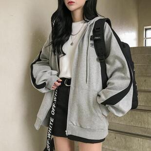 个性新款韩版秋冬女装原宿风加绒连帽卫衣女拼色刺绣字母拉链外套