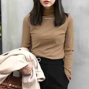 个性半高领加绒打底衫女秋冬套头字母绣花修身学生纯色长袖t恤女T