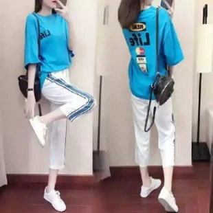 个性时尚九分裤休闲运动套装女短袖t恤新款夏天时尚两件套女装潮T