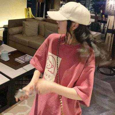 个性粉色印花圆领短袖t恤女夏装新款韩版简约宽松百搭学生上衣潮T