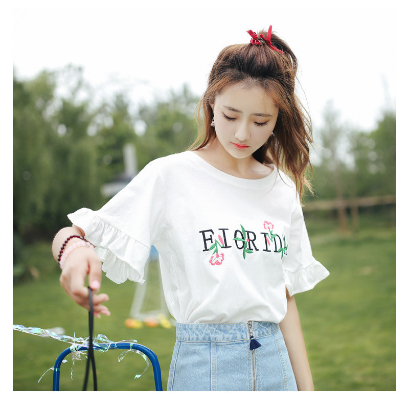 个性夏装新款韩版小清新刺绣荷叶边喇叭袖宽松短袖T恤上衣服女潮t
