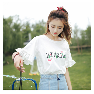 个性夏装新款韩版小清新刺绣荷叶边喇叭袖宽松短袖T恤上衣服女潮t