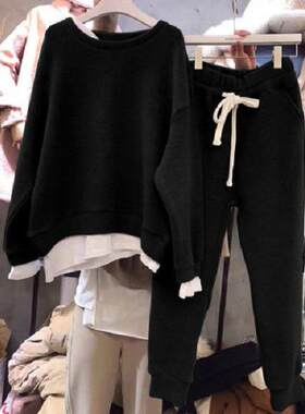 个性韩国东大门春秋新款薄款假两件拼接宽松卫衣女港味两件套装女
