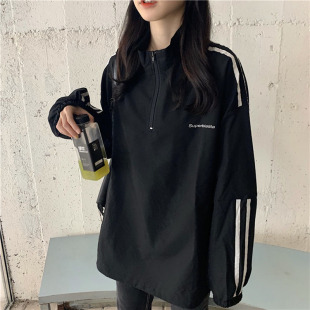 条纹学院风学生上衣ins 棉质 网红拉链卫衣女春秋薄款 2024新款 韩版