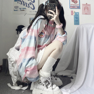个性时尚潮流体恤新款长袖t恤女上衣韩版条纹宽松学生打底衫女装T