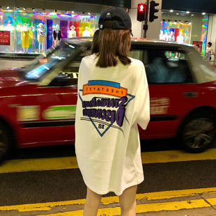 个性时尚中长款短袖t恤女新款韩版百搭嘻哈hiphop上衣酷帅气街头T