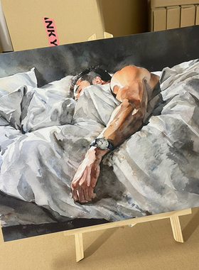 起床困难男高清装饰画卧室挂画喷绘水彩画房间室内挂墙靠墙型男