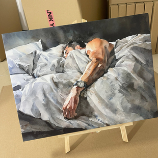 起床困难男高清装 饰画卧室挂画喷绘水彩画房间室内挂墙靠墙型男