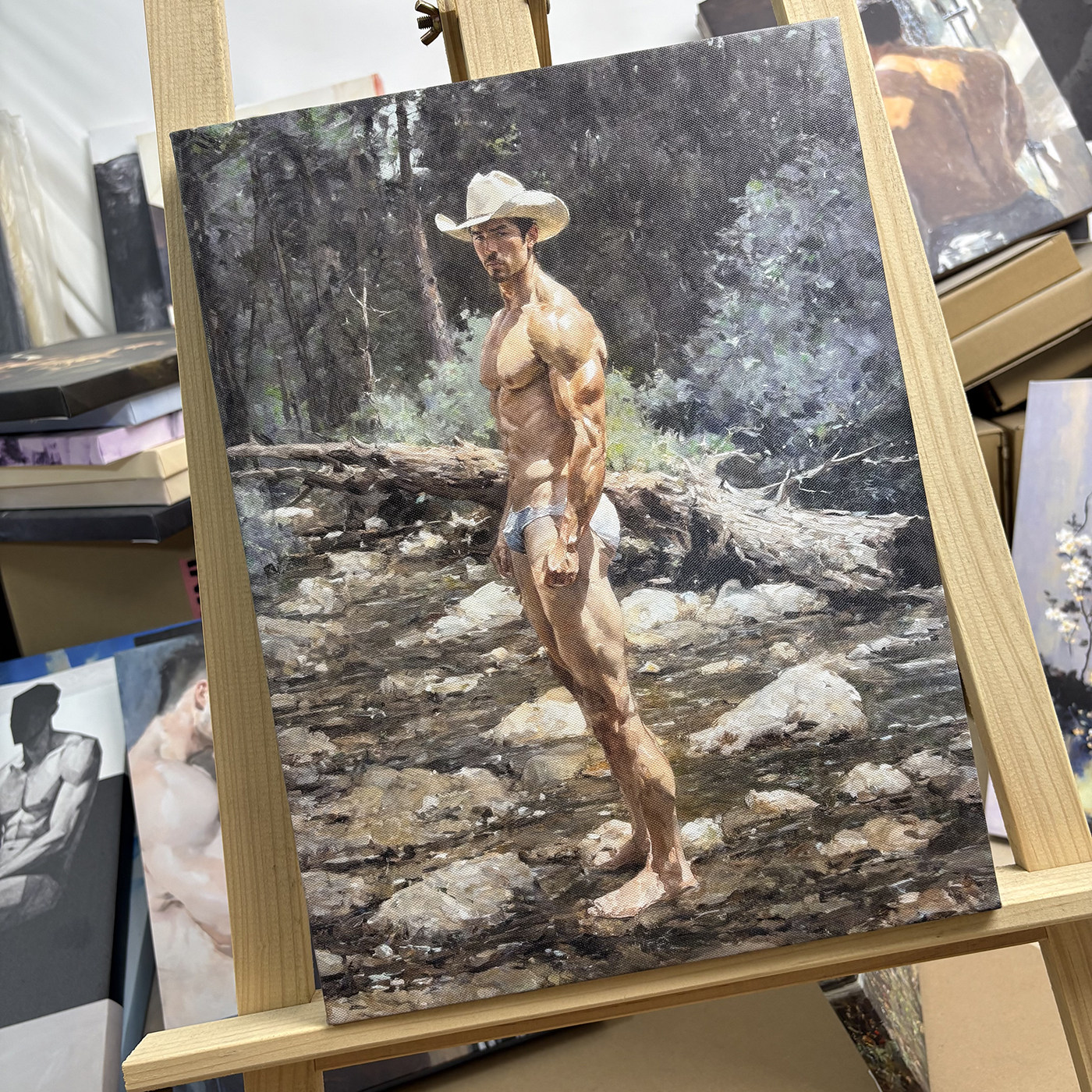 山林溪流牛仔油画装饰画健壮肌肉男写实艺术挂画卧室书房背景墙画