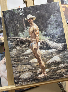山林溪流牛仔油画装饰画健壮肌肉男写实艺术挂画卧室书房背景墙画