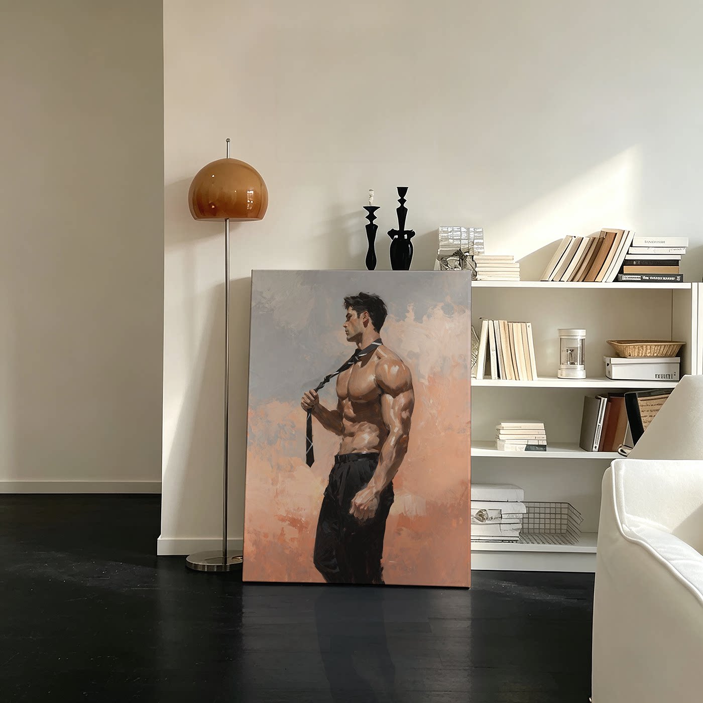 暖调领带肌肉男高清装饰画卧室挂画喷绘油画工作室氛围感布置摆画