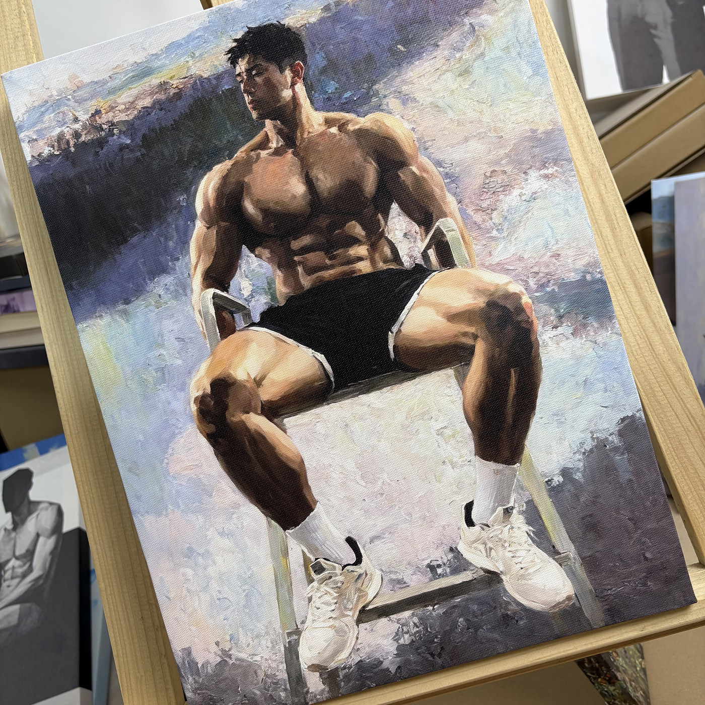 莫兰迪紫灰调人体装饰画健壮男士饱满肌肉体育健身工作室玄关壁画