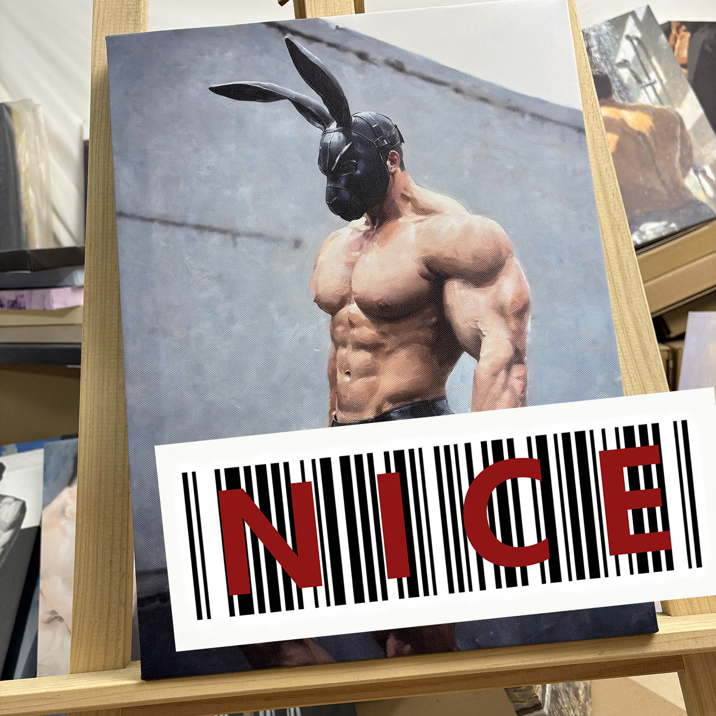 兔子先生人像装饰画黑兔面具肌肉男挂画个性艺术画工作室布置壁画