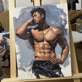 肌肉男黑皮线条装饰画挂画喷绘油画卧室靠墙男体工作室有型艺术