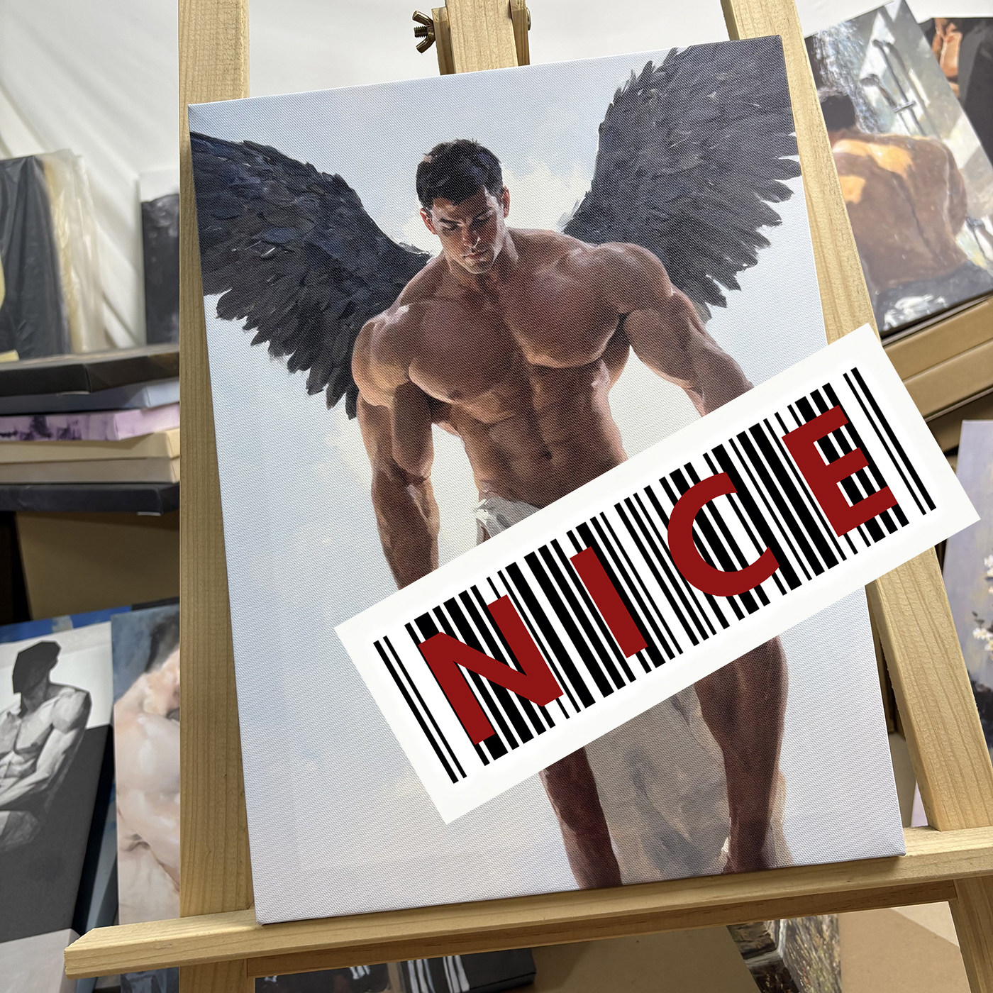 云下翼影油画黑羽翼肌肉男装饰画古典天使力量感艺术挂画公寓壁画