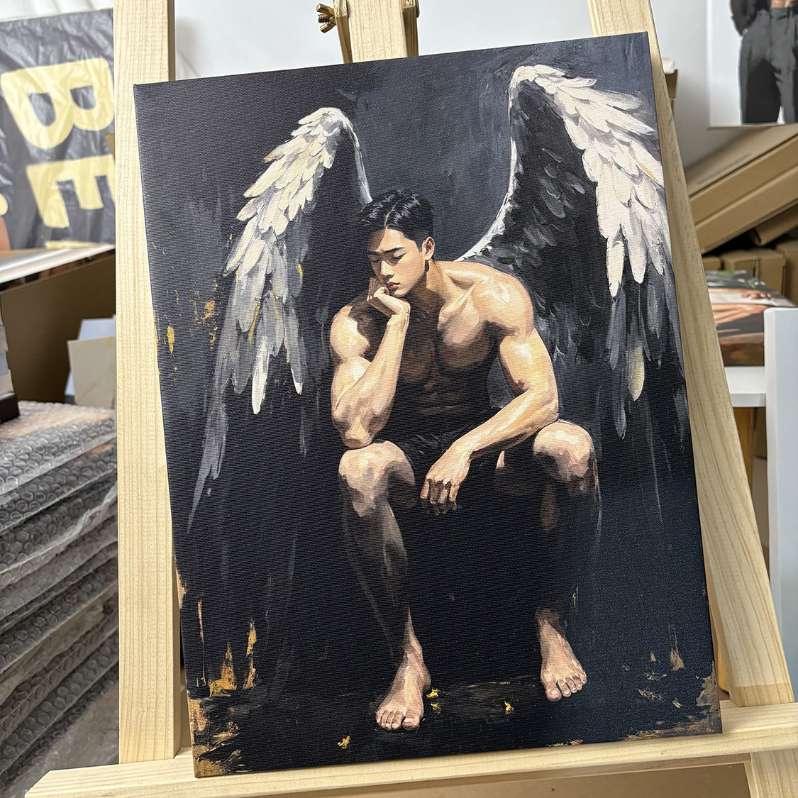 肌肉男暗黑天使装饰画挂画喷绘油画卧室靠墙男体工作室有型艺术