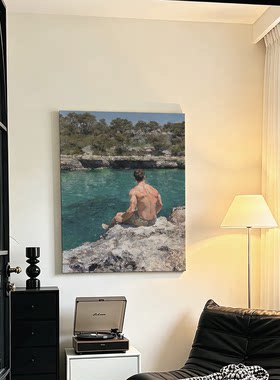 美式印象派人像油画礁石湖畔健硕男生背影山林绿植治愈风景装饰画