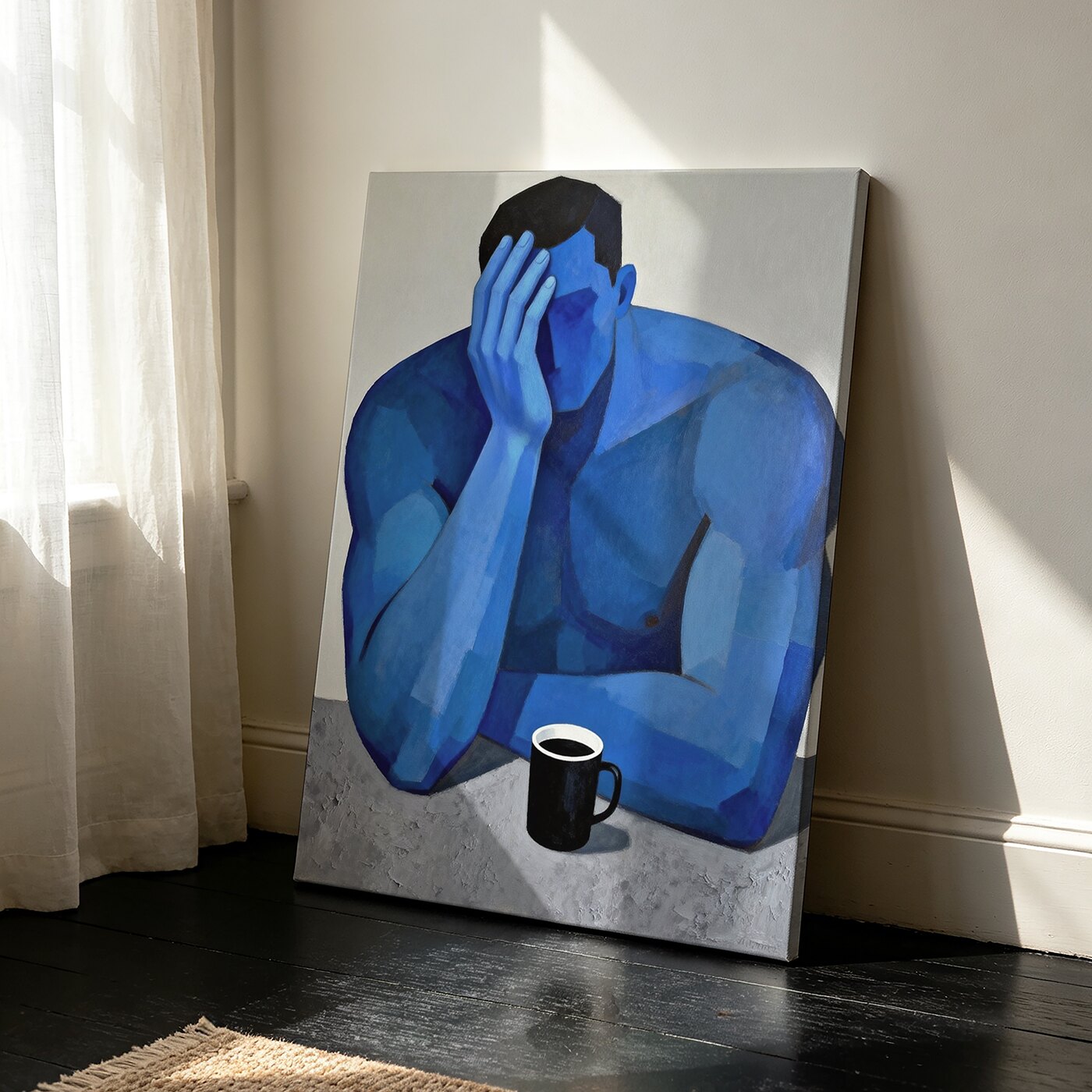 立体几何油画风克莱因蓝沉思肌肉男士装饰画冷调工作室客厅挂画