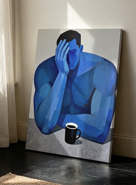 立体几何油画风克莱因蓝沉思肌肉男士装饰画冷调工作室客厅挂画