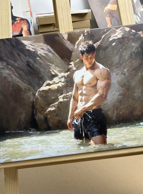 岩石溪流场景男性人体艺术挂画写实油画人像小众高级感公寓装饰画