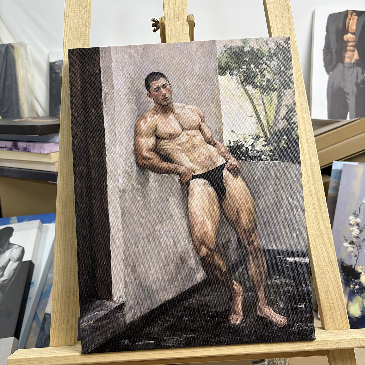厚重笔触写实力量感人物挂画肌肉男士小众男士公寓SPA馆装饰油画