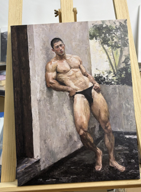 厚重笔触写实力量感人物挂画肌肉男士小众男士公寓SPA馆装饰油画