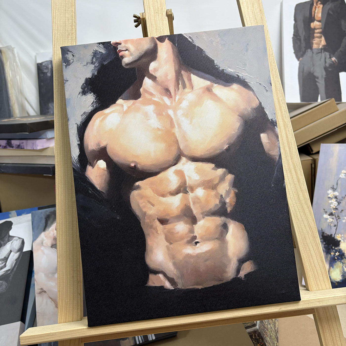 写实厚涂男性人体艺术装饰画肌肉油画挂画健身壁画风书房桌面摆画