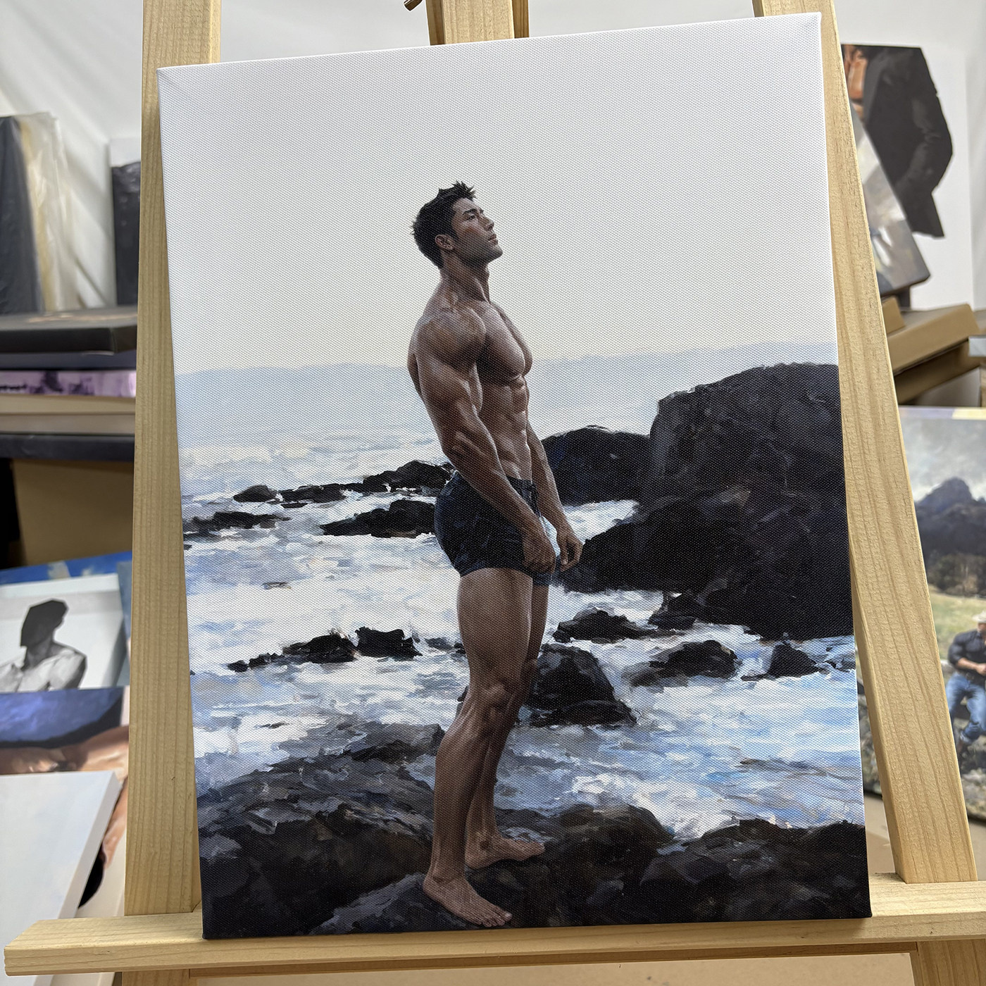 海岸礁石肌肉男士油画装饰画海边仰望男生人像小众卧室挂画壁画
