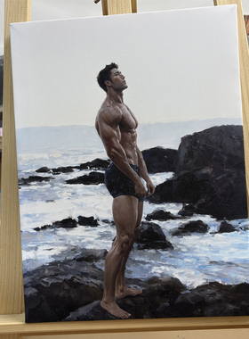 海岸礁石肌肉男士油画装饰画海边仰望男生人像小众卧室挂画壁画