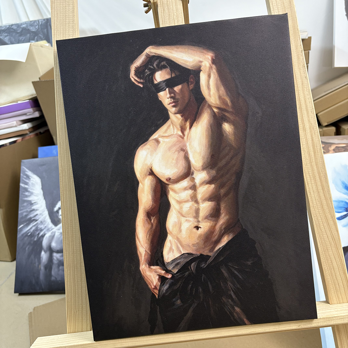 肌肉男蒙眼装饰画古铜挂画喷绘油画卧室男体工作室艺术画框电表箱