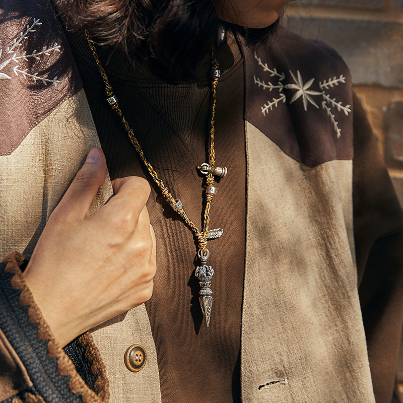 原创设计【多吉】纯银吊坠男潮个性复古五彩玉绳手工编织项链挂坠