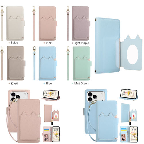 适用谷歌 google 11/7A/7Pro/Pixel 8/8Pro/8A/Pixel 10/9A/6A 荔枝纹猫型 带镜子 手机套 翻盖 防摔