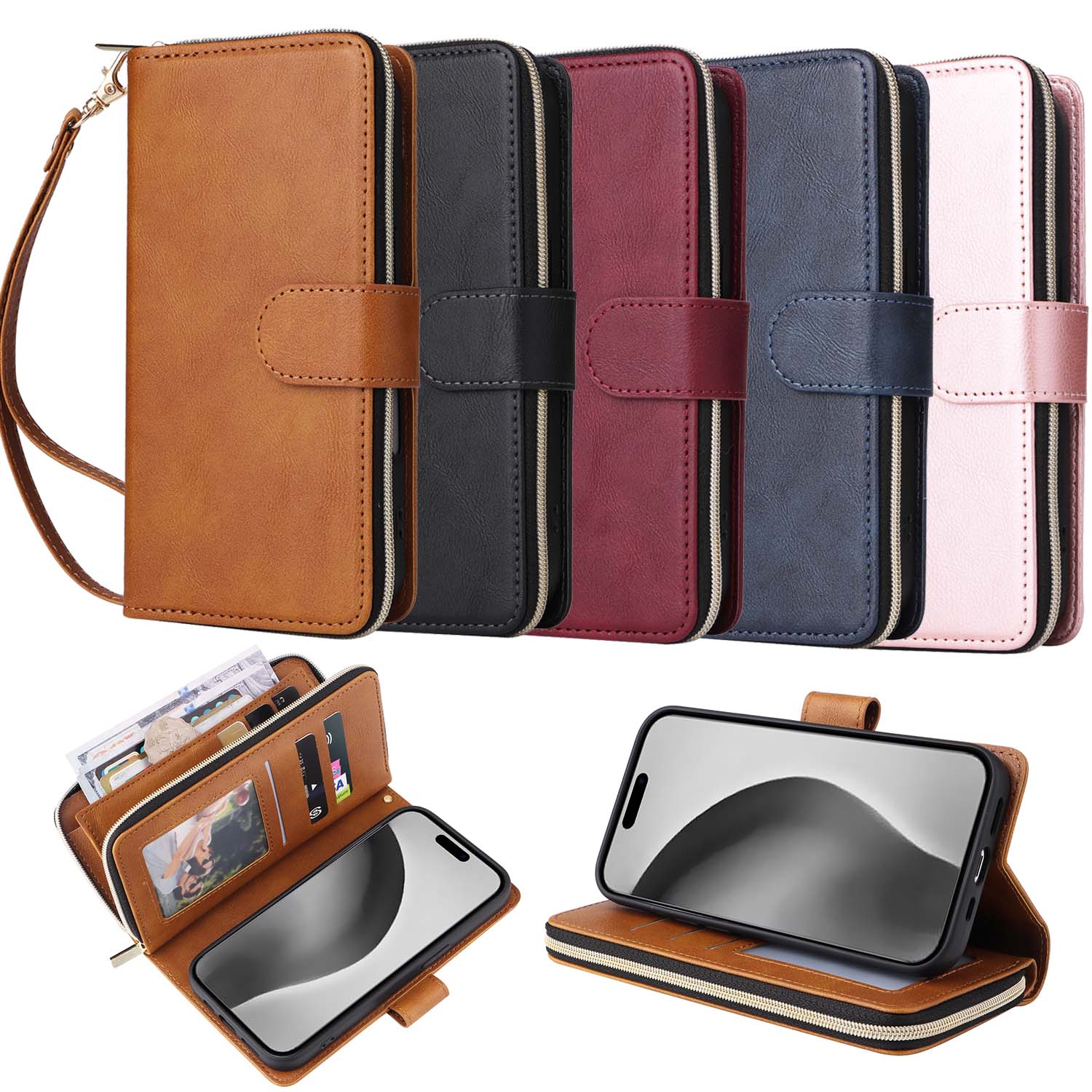 适用三星 Galaxy A14/A15/A34/A54/A53/A16/A13/A22/A36/S21 FE/S23/S25/S24超薄九卡拉链包 纯色经典 翻盖式