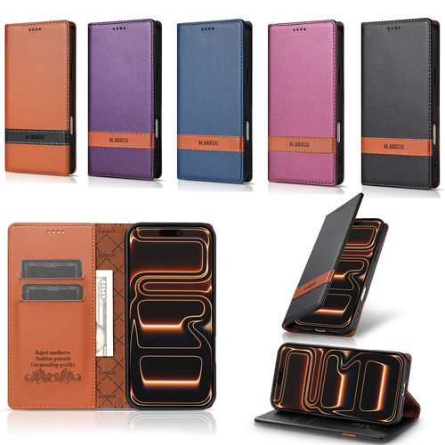 适用红米 Note11s/Note13 Pro/Note 14 Pro/M6/POCO X5 Pro/小米14T P5 横条拼接对吸 纯色商务款 翻盖式防摔