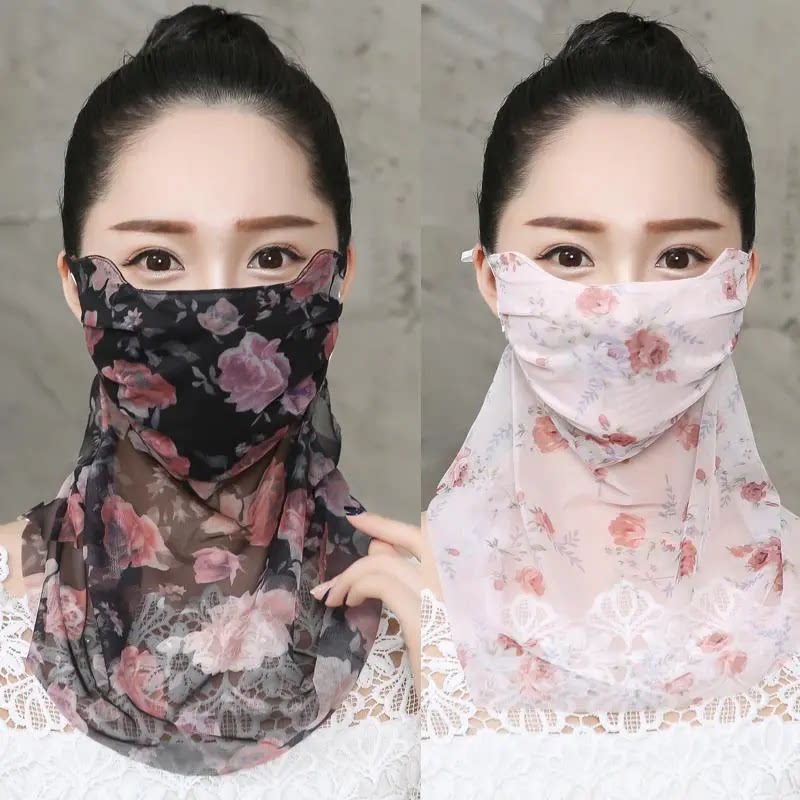 夏季防晒冰丝口罩面纱护脖子小丝巾两用透气可清洗印花淑女薄款