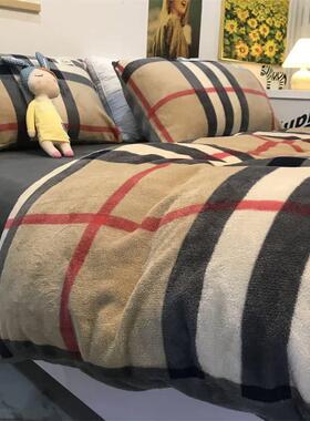 轻奢宝丽格子牛奶绒床上四件套冬季加厚加绒法兰绒珊瑚绒抗静电
