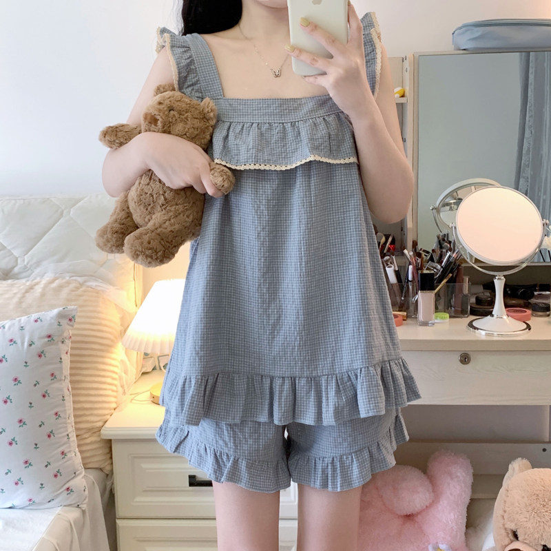 网红风2026年新款睡衣女夏季棉绸吊带两件套纯欲风宽松家居服套装