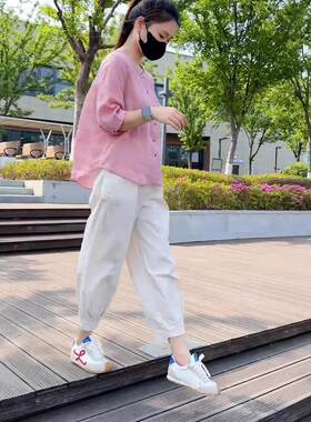 时尚气质套装女士夏季新款宽松纯色衬衫休闲九分裤两件套装