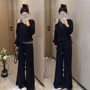 老钱风松驰感套装女2025春秋新款假两件露肩长袖卫衣阔腿裤两件套