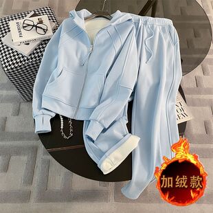 洋气时尚加绒套装女秋冬2025连帽卫衣休闲阔腿裤两件套宽松潮运动